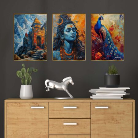 Set of Three Wall Paintings for Wall Dacoration Golden Framed Wall Paintings for Living Room & Bedroom Wall Art for Home Decoration & Office Wall Décor (18x12 inch CH-GD3-8)